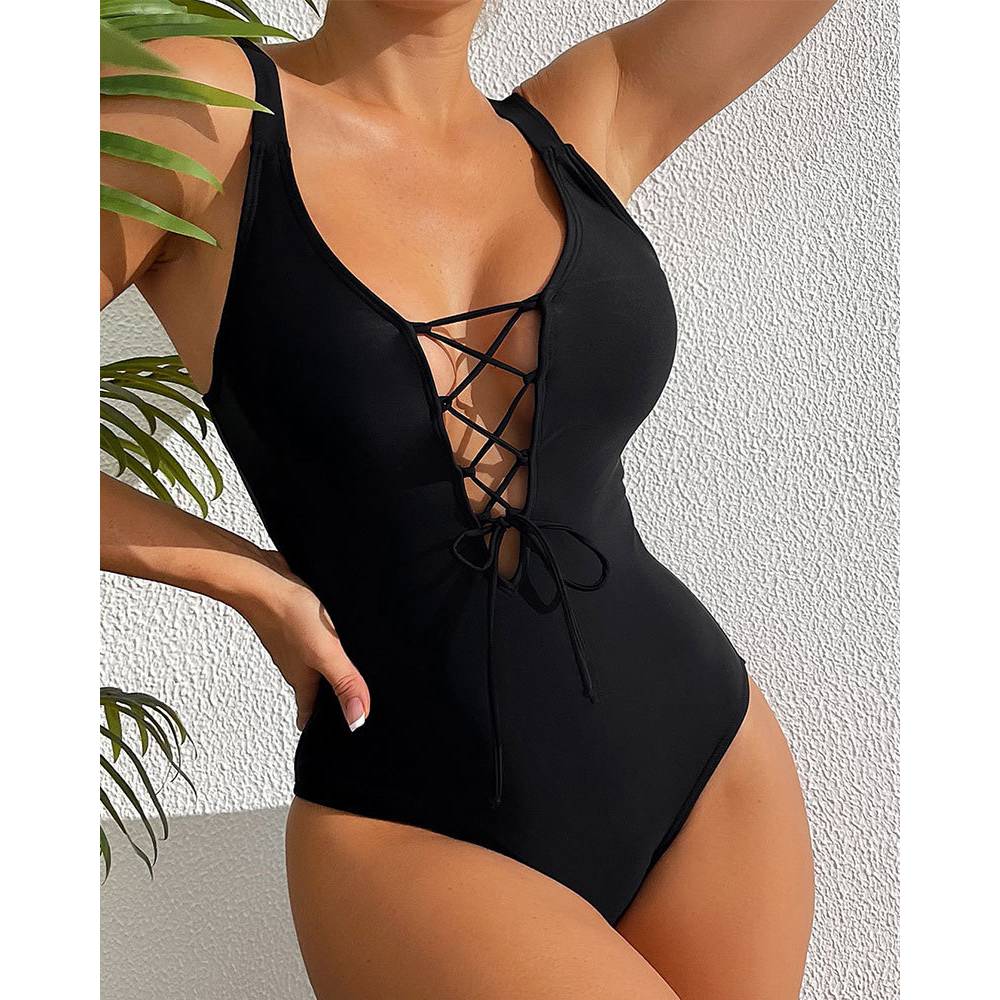 Monochrome Suit Set - Cikini-ชุดว่ายน้ำชิ้นเดียวสำหรับผู้หญิง, ด้านหน้าลูกไม้ขึ้น, ขาวดำ, ชุดว่ายน้ำชายหาด, ชุดว่ายน้ำ, ฤดูร้อน