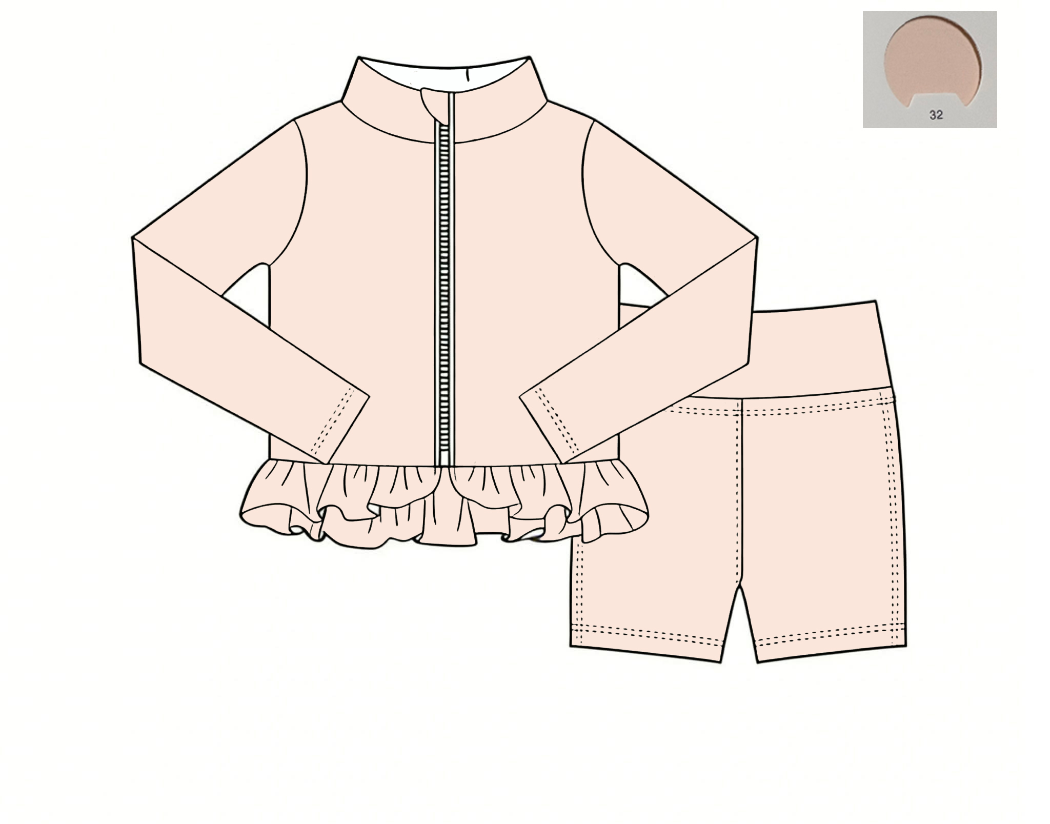 Monochrome Suit Set - ชุดโยคะสีพื้นสำหรับสาวๆ เสื้อแขนยาวมีซิป กางเกงขาสั้นรัดรูป แฟชั่นบูติก ชุดโยคะสั่งทำได้