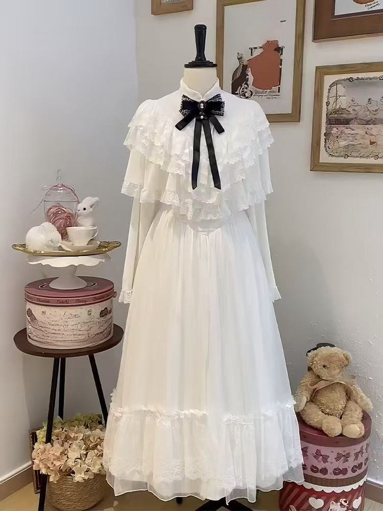 Formal Wear Women Us - ชุดเดรสลูกไม้แขนสั้นสไตล์ญี่ปุ่น สีขาว กระโปรงยาวทรงเข้ารูป สไตล์หวานๆ ประจำปี 2025