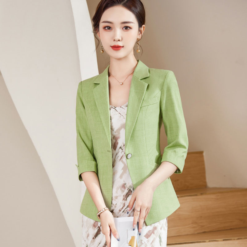 Women Formal Wear Black And White - เสื้อโค้ททำงานแบบกระดุมครึ่งแขนสีเขียวอ่อนสีดำสีชมพูสีขาวสำหรับผู้หญิงแจ็คเก็ตลำลองฤดูใบไม้ผลิฤดูร้อน