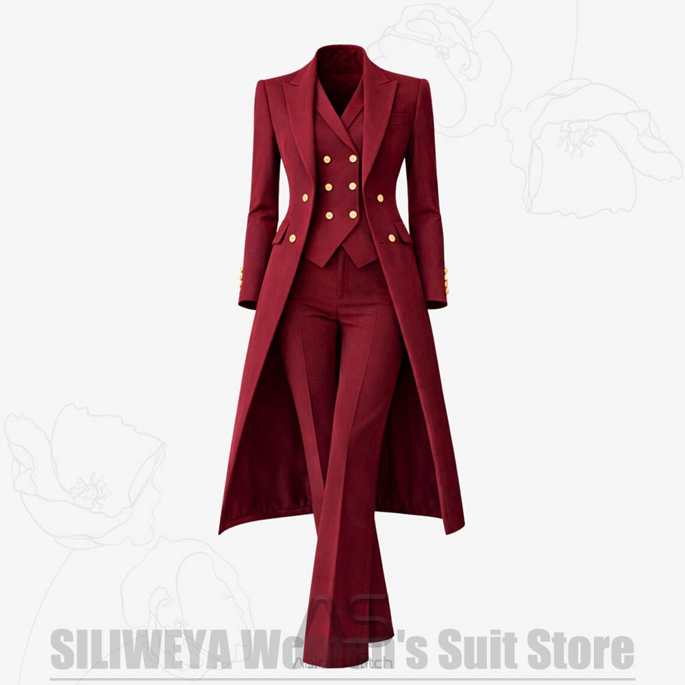Women Formal Wear Pants - ชุดสูทผู้หญิง 3 ชิ้น แบบกระดุมสองแถว เสื้อโค้ทยาว เสื้อกั๊ก