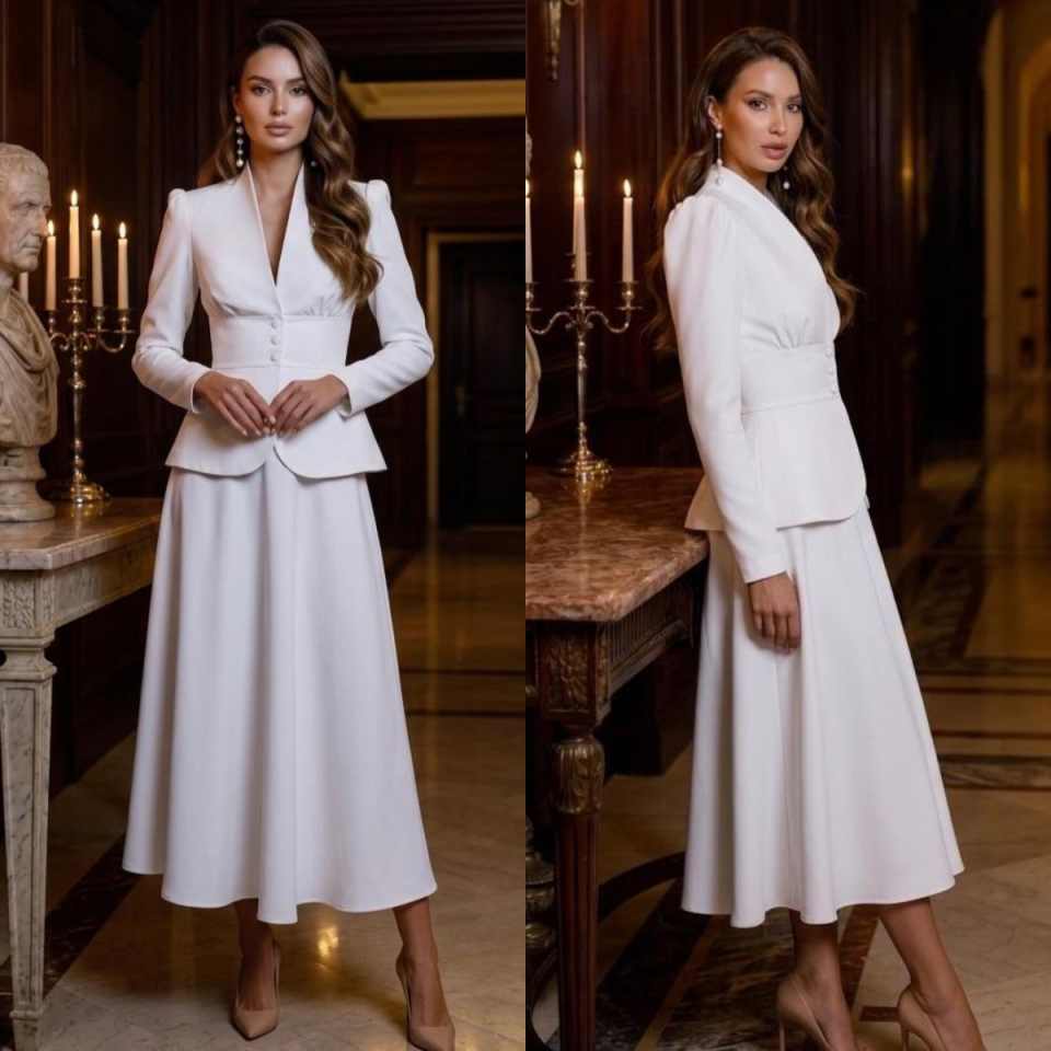 Women Formal Wear Blazer Set - ชุดสูทผู้หญิงสองชิ้นสุดหรู พร้อมเสื้อเบลเซอร์ปกแหลมและกระโปรงทรงบานยาวปานกลาง เหมาะสำหรับงานทางการ งานโบสถ์ หรือธุรกิจ ชุดเดรสสำหรับงานเลี้ยง