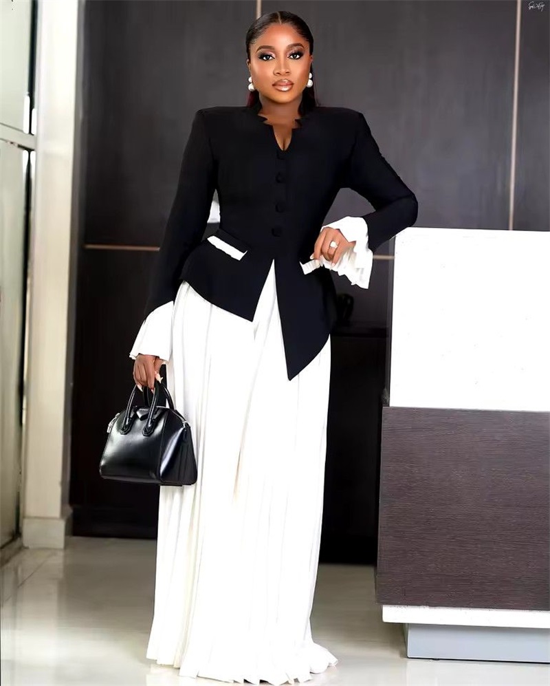 Women Formal Wear Black And White - ชุดสูทผู้หญิงสีขาวดำ 2 ชิ้น เสื้อเบลเซอร์+กางเกงทรงหลวม แขนบาน ปรับแต่งได้