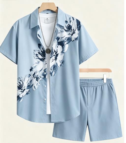 Monochrome Suit Set - ชุดเซ็ตผู้ชายลายดอกไม้สีโมโนโครมสไตล์วินเทจ เสื้อคอปกติดกระดุม กางเกงขาสั้นเอวยางยืด ชุดสำหรับวันพักผ่อน