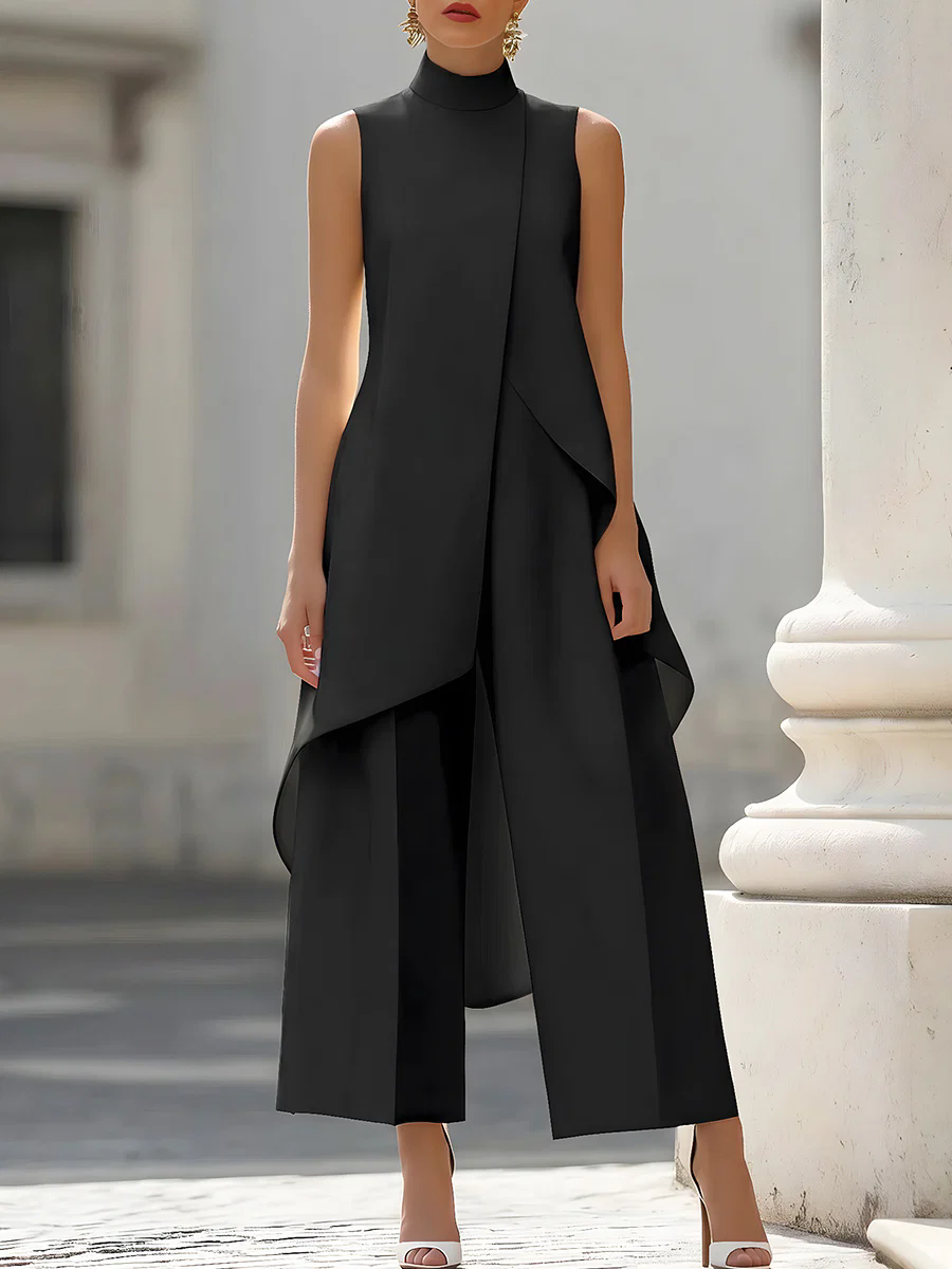 Women Formal Wear Pants - จั๊มสูทแขนกุดคอสูงแบบอสมมาตร แต่งผ้าซ้อนทับ กางเกงขายาวทรง Palazzo สง่างาม เหมาะสำหรับงานเลี้ยงตอนเย็นสำหรับผู้หญิง