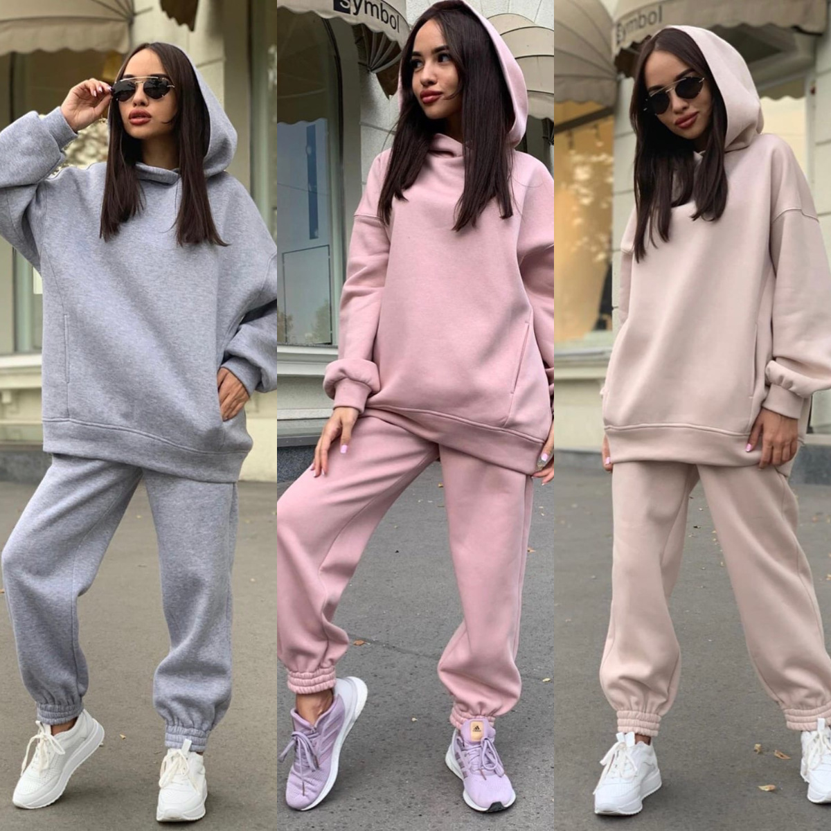 Monochrome Suit Set - ชุดเสื้อฮู้ดมีฮู้ดสีโมโนโครม แฟชั่นยุโรปอเมริกันลำลอง 2 ชิ้น ฤดูใบไม้ร่วง ฤดูหนาว