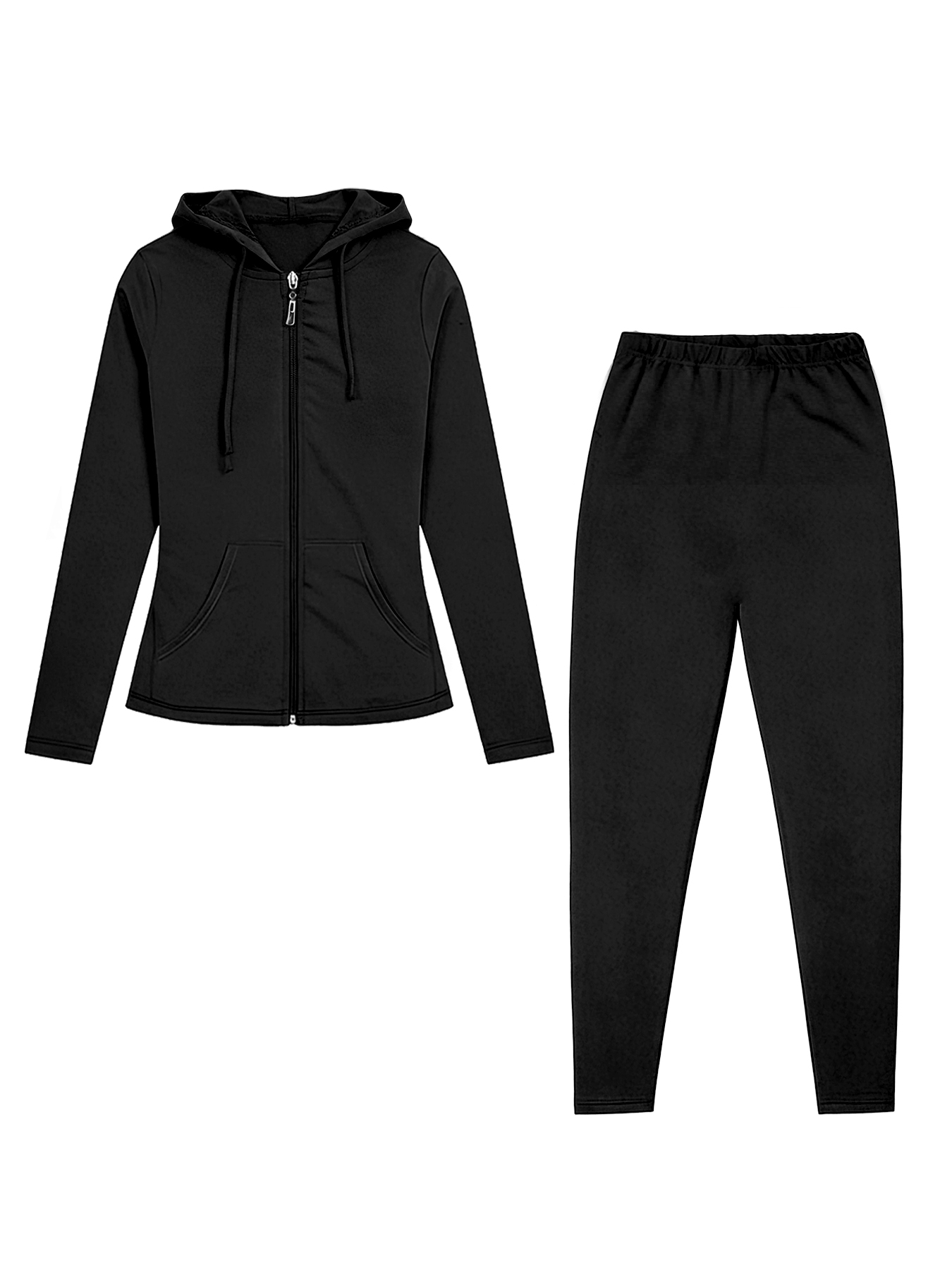 Monochrome Suit Set - ชุดกีฬาผู้หญิงไซส์ใหญ่แบบมีฮู้ดพร้อมซิป สีพื้น เนื้อผ้ายืดหยุ่นสวมใส่สบาย ประกอบด้วยเสื้อแจ็คเก็ตแขนยาวและเลกกิ้ง แฟชั่นลำลองเหมาะกับทุกฤดูกาล มีหลายสีให้เลือก