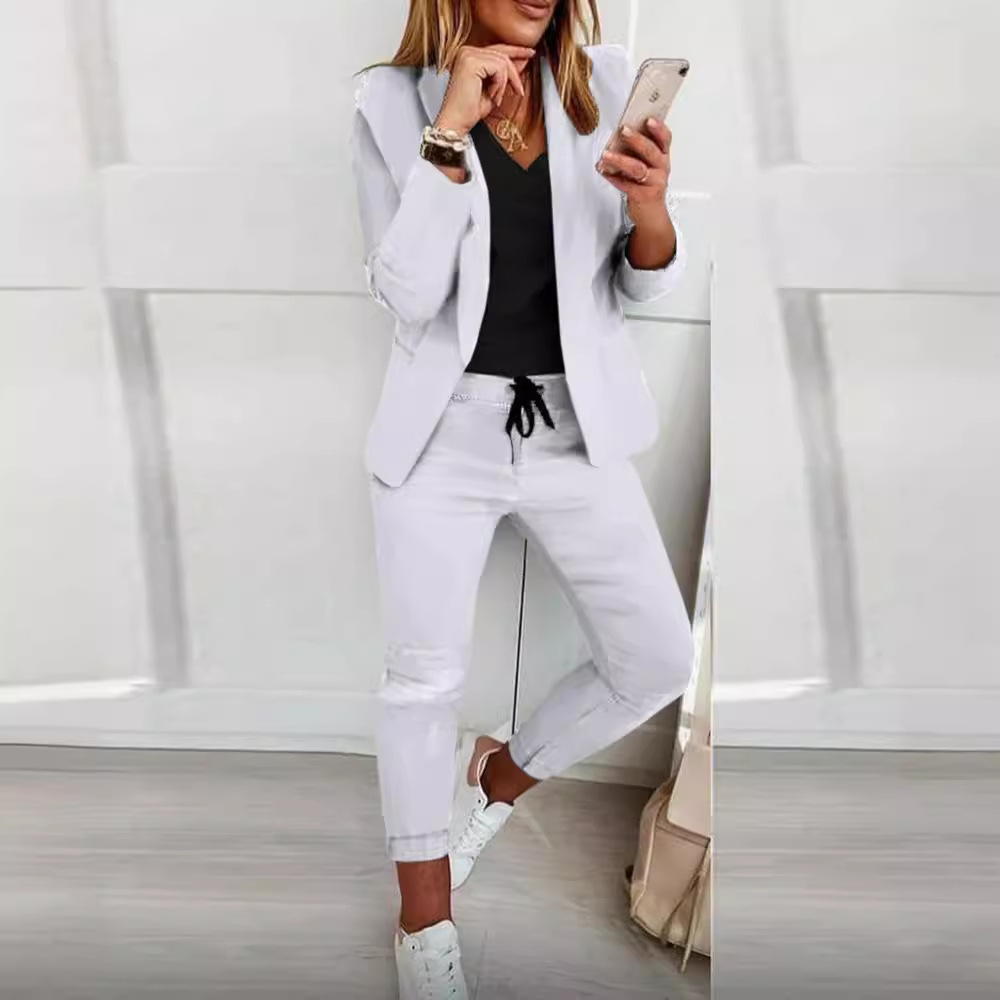 Monochrome Suit Set - ผู้หญิง Monochrome Casual ธุรกิจชุดอารมณ์เดินทางกางเกง Drawstring ยืดหยุ่นเอวแฟชั่นชุด