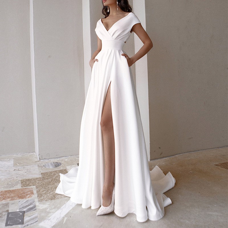 Women Formal Wear Black And White - ชุดเดรสยาวทรงหรูหราสำหรับผู้หญิง ดีไซน์เซ็กซี่ ผ่าข้าง เอวกลาง สีพื้น สำหรับงานกลางคืน