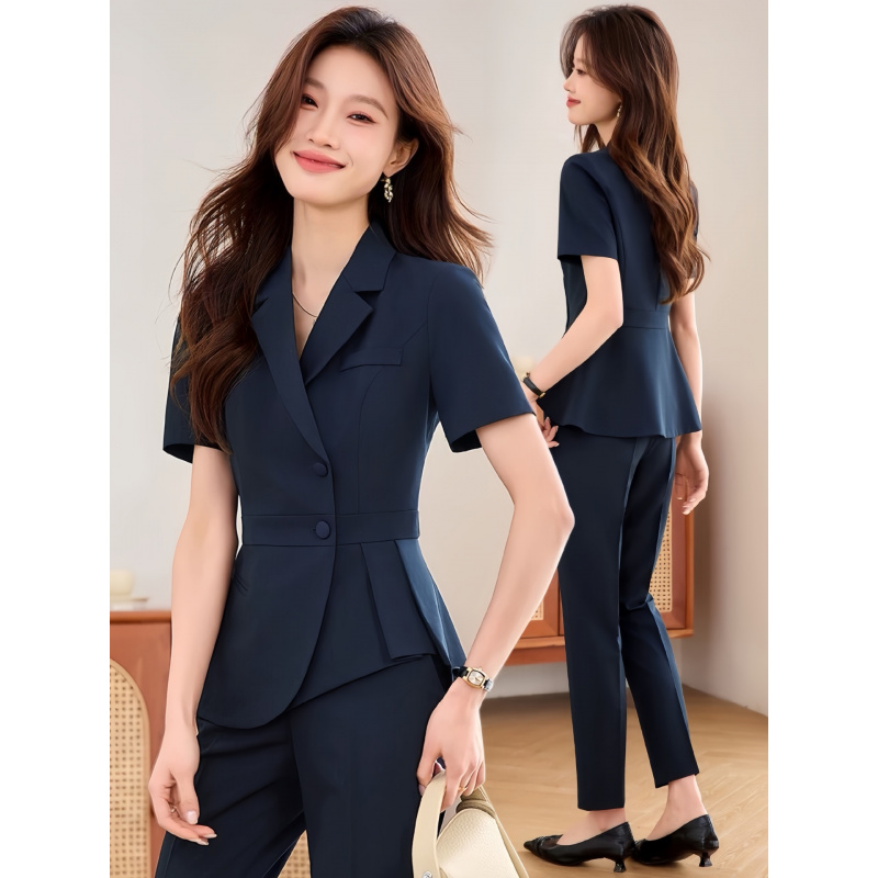 Women Formal Wear Pants - ชุดสูทผู้หญิงสีน้ำเงินกรมท่าแบบบางสำหรับมืออาชีพ รุ่นใหม่ประจำปี 2025 ชุดทำงานฤดูร้อนสำหรับผู้จัดการโรงแรมและพนักงานร้านขายเครื่องประดับ